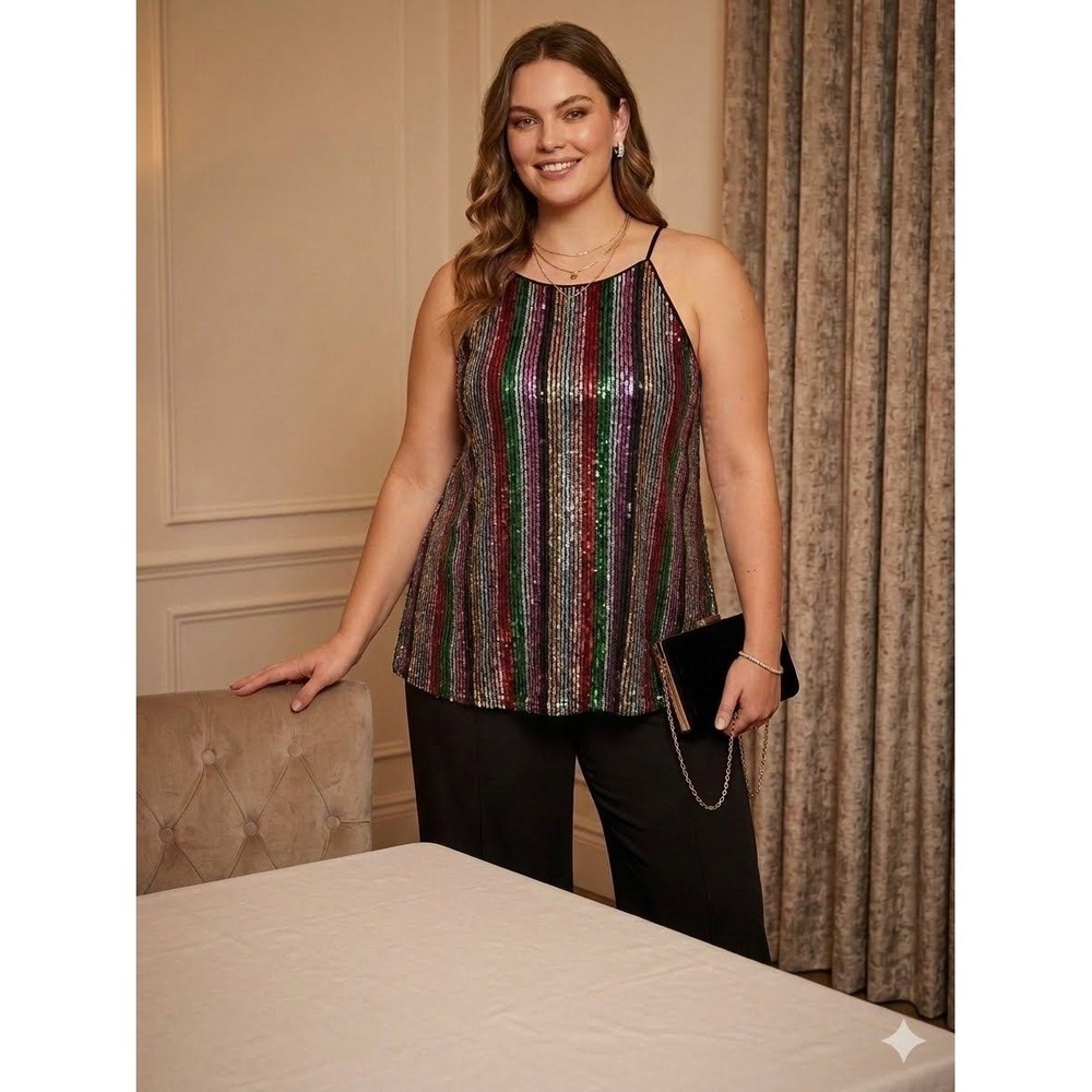 INC International Concepts Women 2X Sequin Striped Halter Top